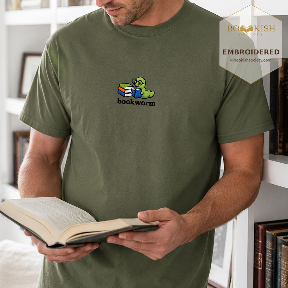 Embroidered Bookworm Comfort Color ® T-shirt Book Lover Gift Hemp