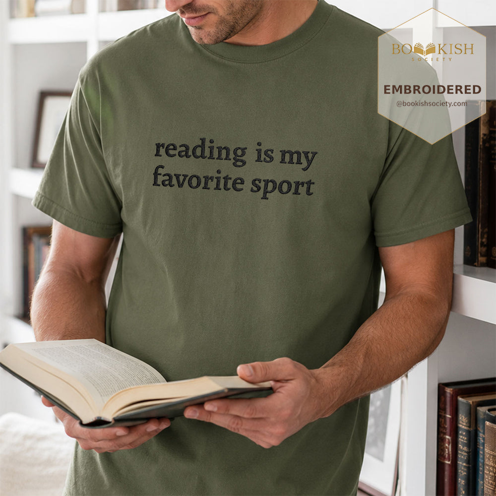 Embroidered Reading Is My Favorite Sport Comfort Color® T-shirt Book Lover Gift Hemp
