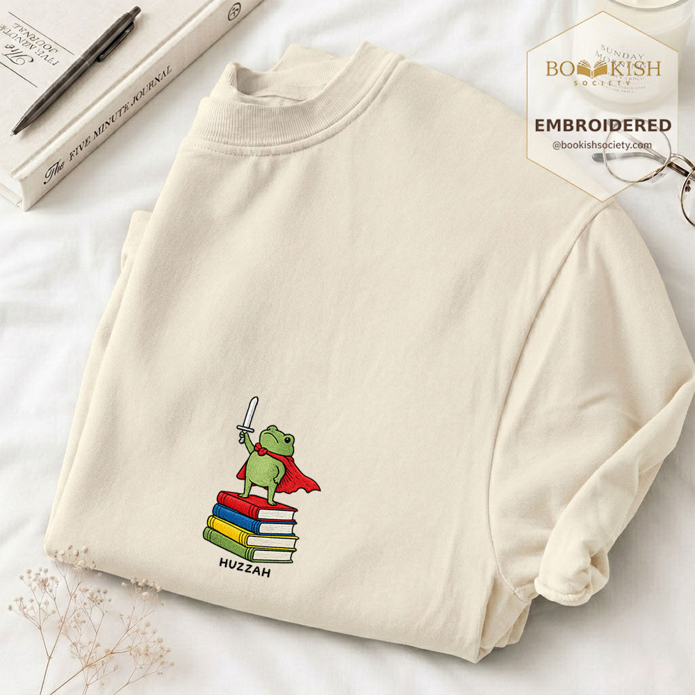 Embroidered Huzzah Cute Frog Comfort Color ® T-shirt Book Lover Gift Ivory