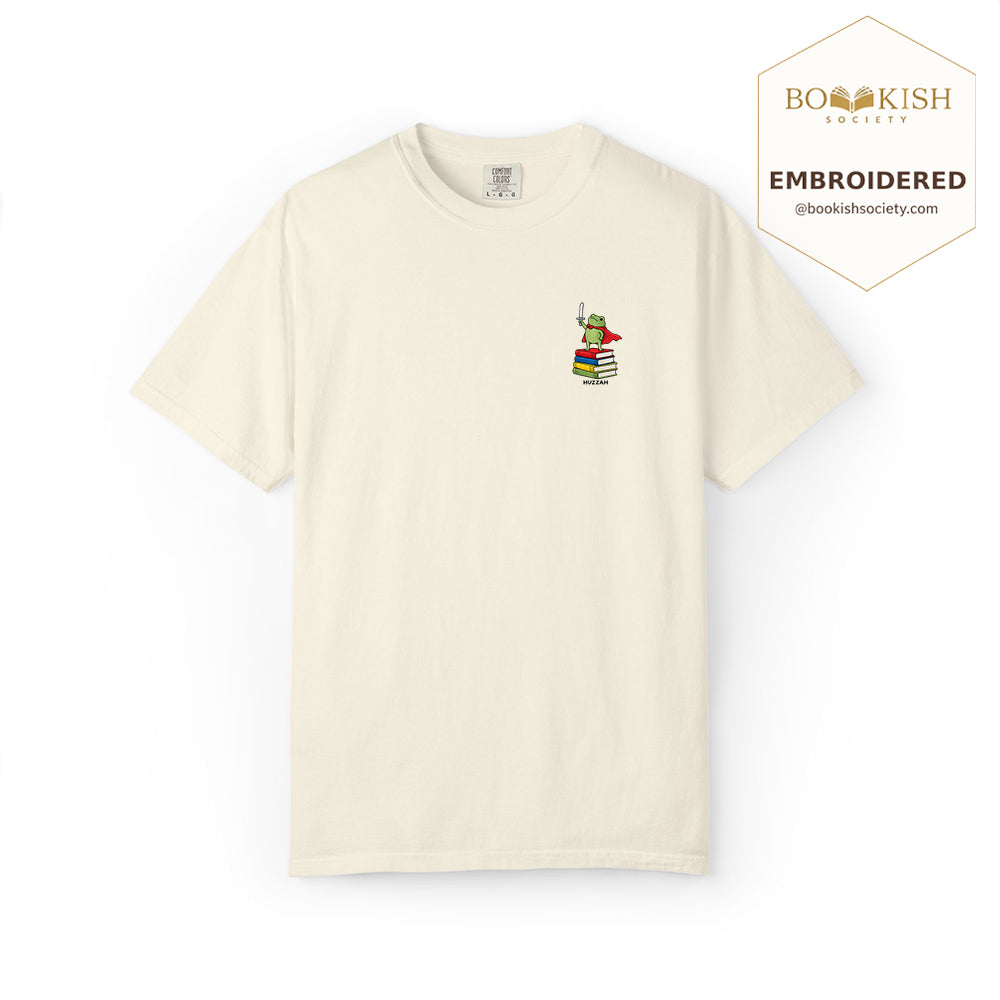 Embroidered Huzzah Cute Frog Comfort Color ® T-shirt Book Lover Gift Ivory