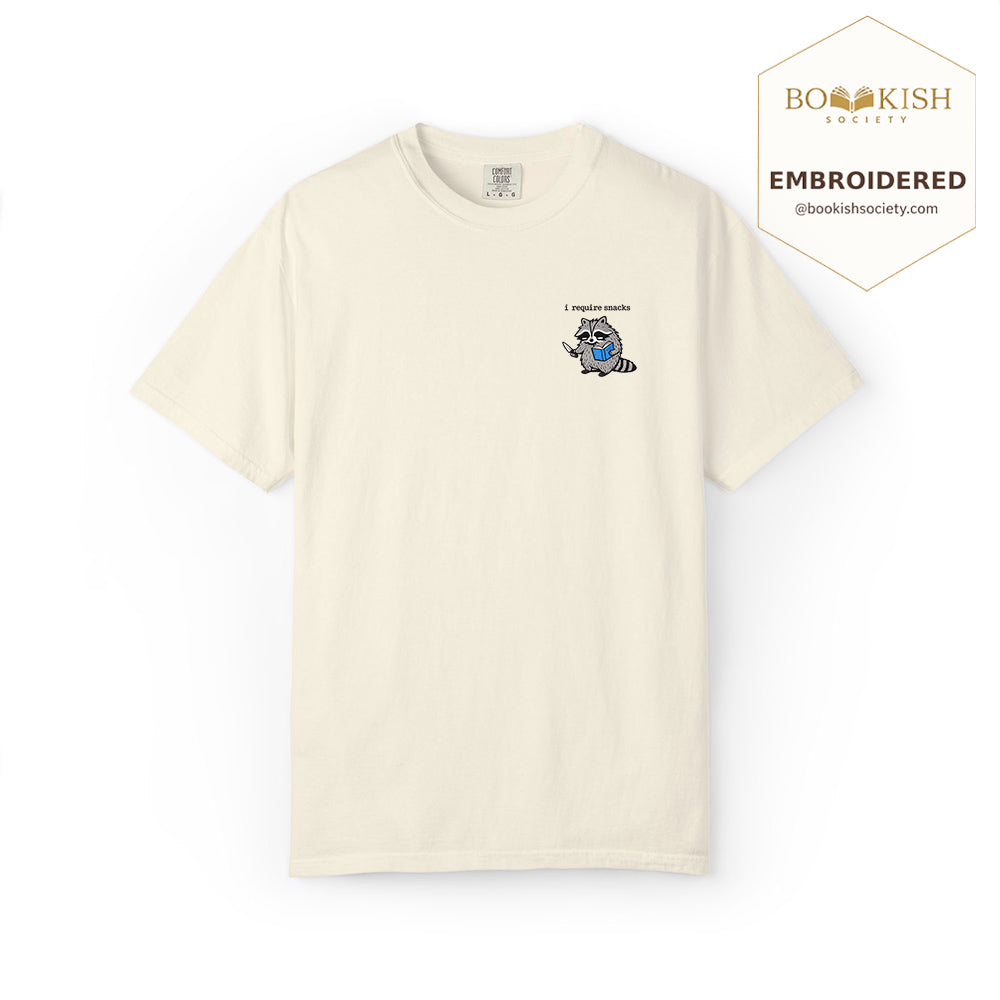 Embroidered I Require Snacks Comfort Color ® T-shirt Book Lover Gift Ivory
