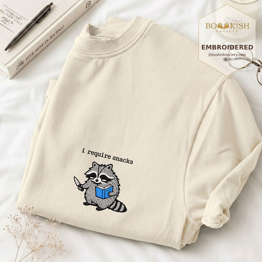 Embroidered I Require Snacks Comfort Color ® T-shirt Book Lover Gift Ivory