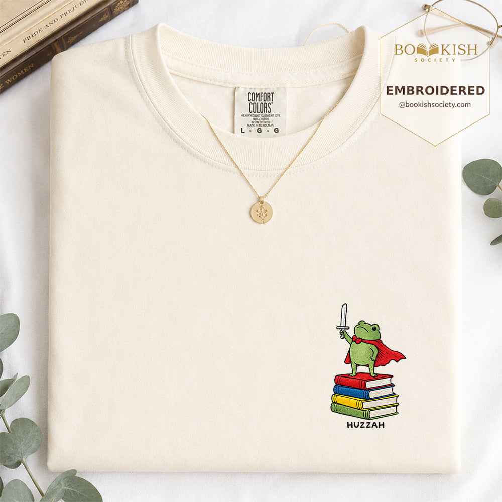 Embroidered Huzzah Cute Frog Comfort Color ® T-shirt Book Lover Gift Ivory