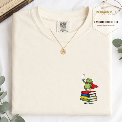Embroidered Huzzah Cute Frog Comfort Color ® T-shirt Book Lover Gift Ivory