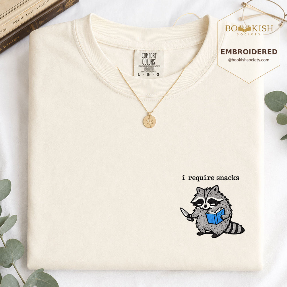 Embroidered I Require Snacks Comfort Color ® T-shirt Book Lover Gift Ivory