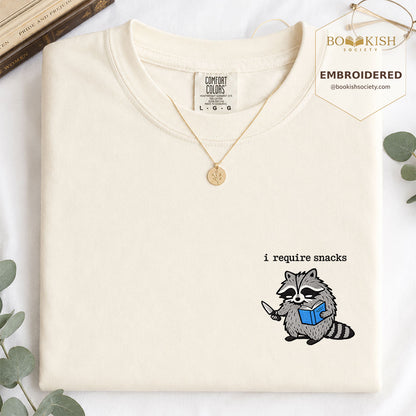 Embroidered I Require Snacks Comfort Color ® T-shirt Book Lover Gift Ivory