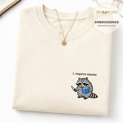 Embroidered I Require Snacks Comfort Color ® T-shirt Book Lover Gift Ivory