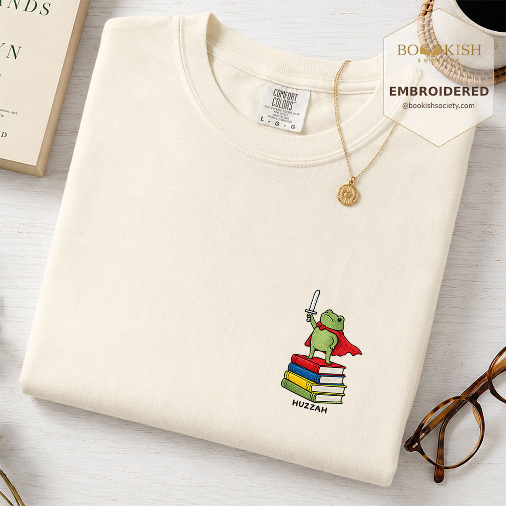 Embroidered Huzzah Cute Frog Comfort Color ® T-shirt Book Lover Gift Ivory