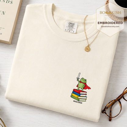 Embroidered Huzzah Cute Frog Comfort Color ® T-shirt Book Lover Gift Ivory
