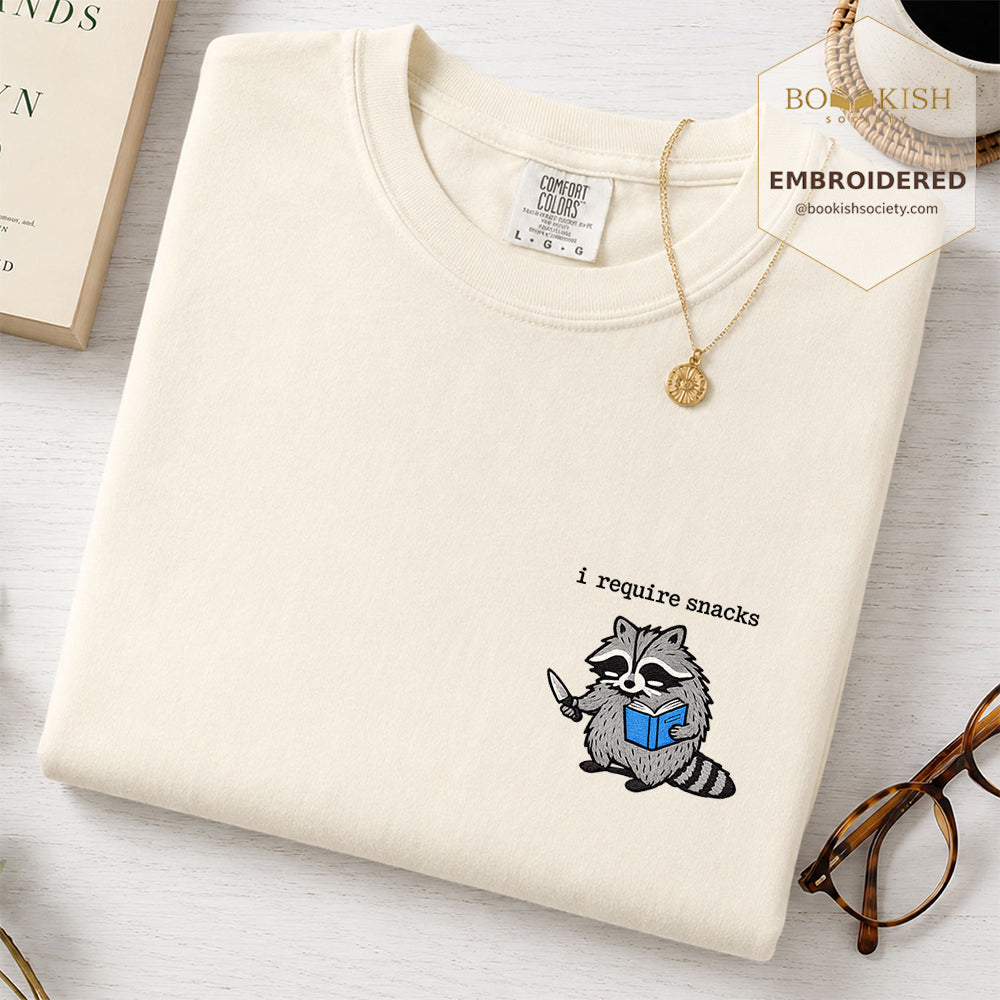 Embroidered I Require Snacks Comfort Color ® T-shirt Book Lover Gift Ivory