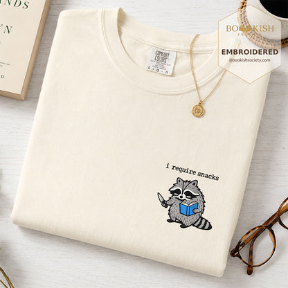 Embroidered I Require Snacks Comfort Color ® T-shirt Book Lover Gift Ivory
