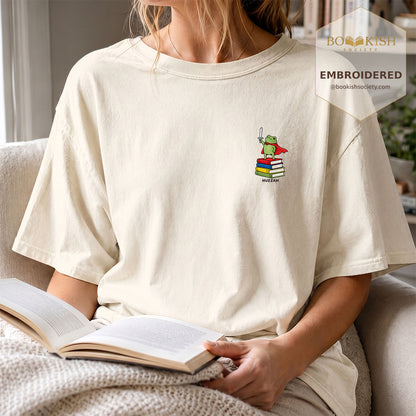 Embroidered Huzzah Cute Frog Comfort Color ® T-shirt Book Lover Gift Ivory