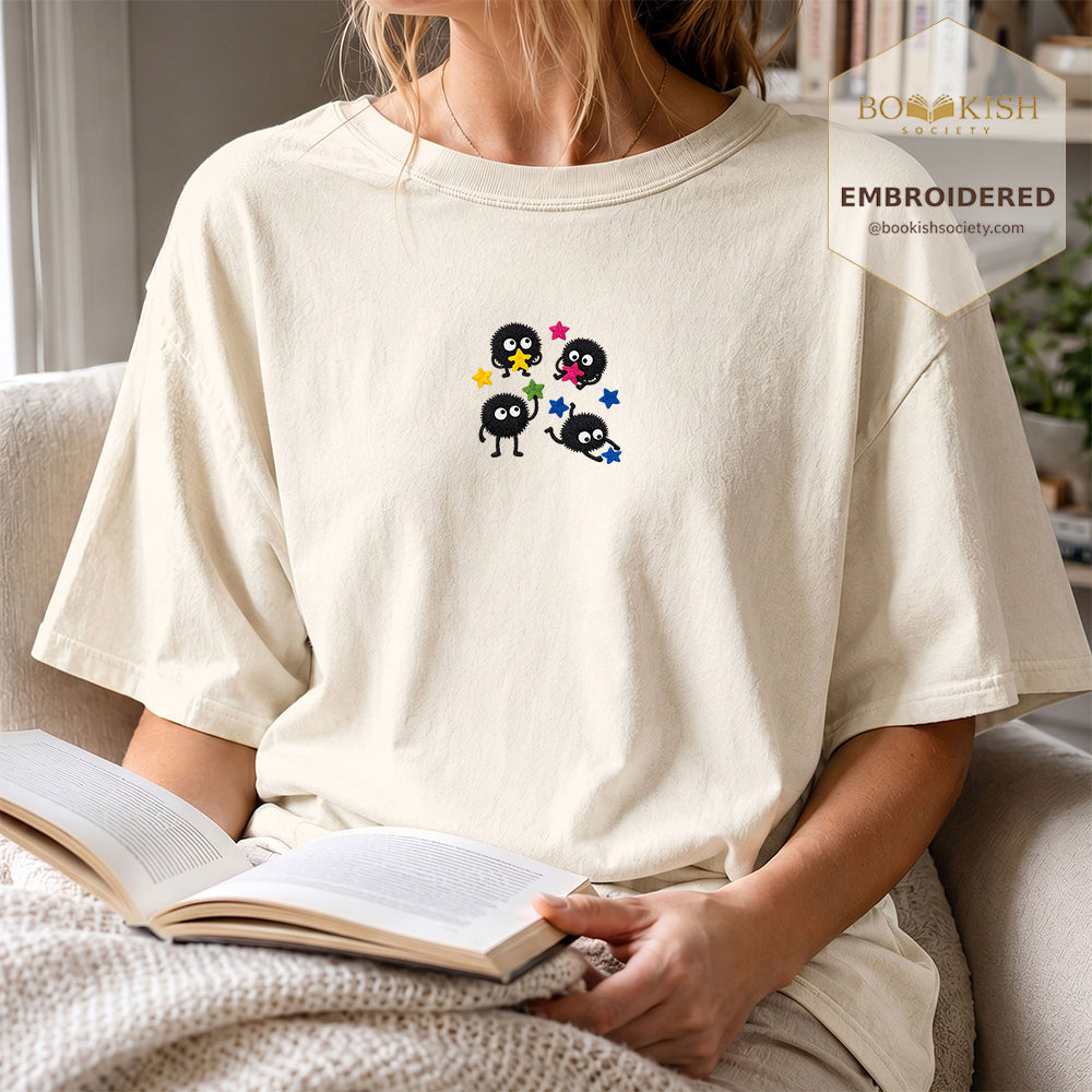 Embroidered Sprite Catching Star Candy Comfort Color ® T-shirt Book Lover Gift ivory