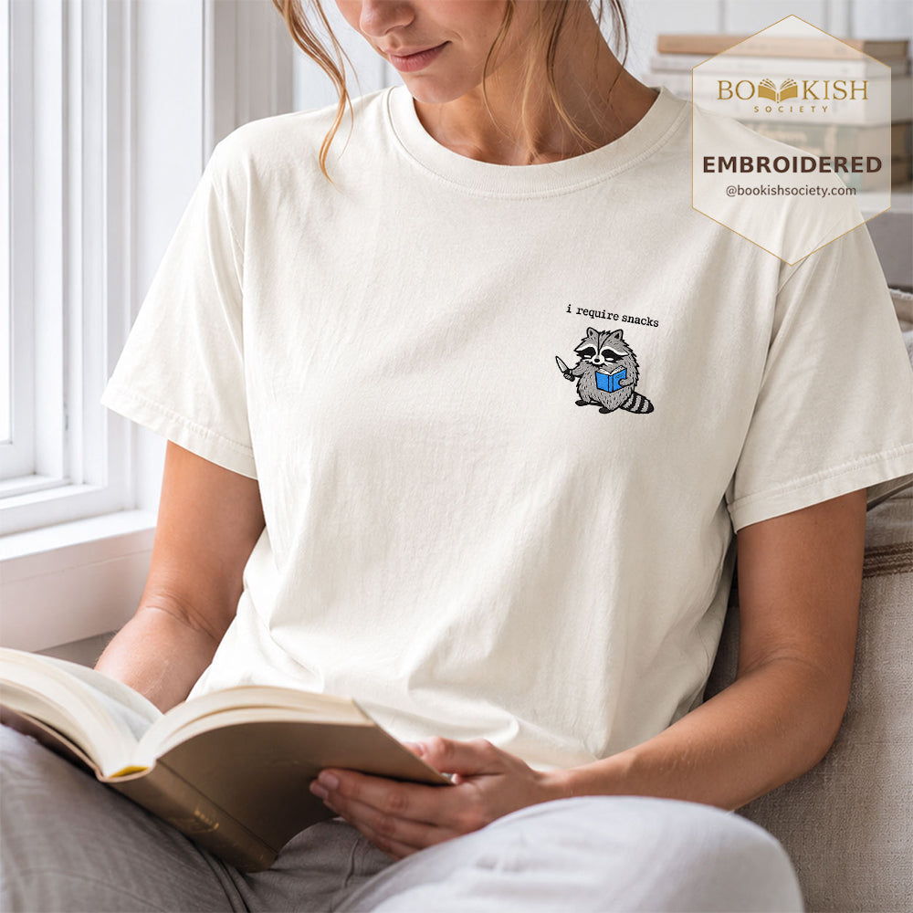 Embroidered I Require Snacks Comfort Color ® T-shirt Book Lover Gift Ivory