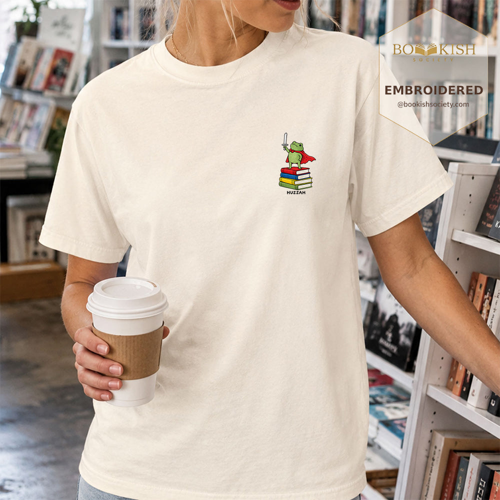 Embroidered Huzzah Cute Frog Comfort Color ® T-shirt Book Lover Gift Ivory