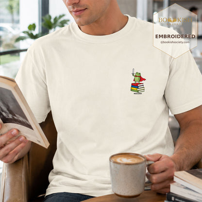 Embroidered Huzzah Cute Frog Comfort Color ® T-shirt Book Lover Gift Ivory