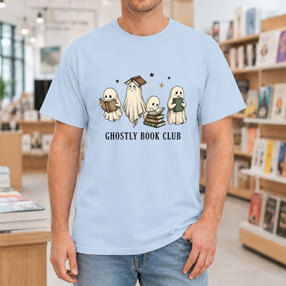Ghostly Book Club Printed T-Shirt | Spooky Book Lover Gift Light Blue
