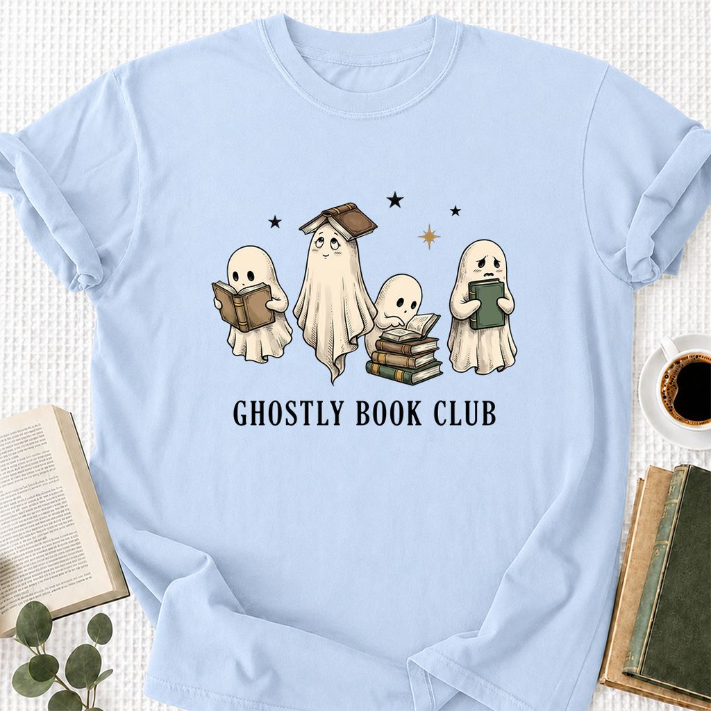 Ghostly Book Club Printed T-Shirt | Spooky Book Lover Gift Light Blue