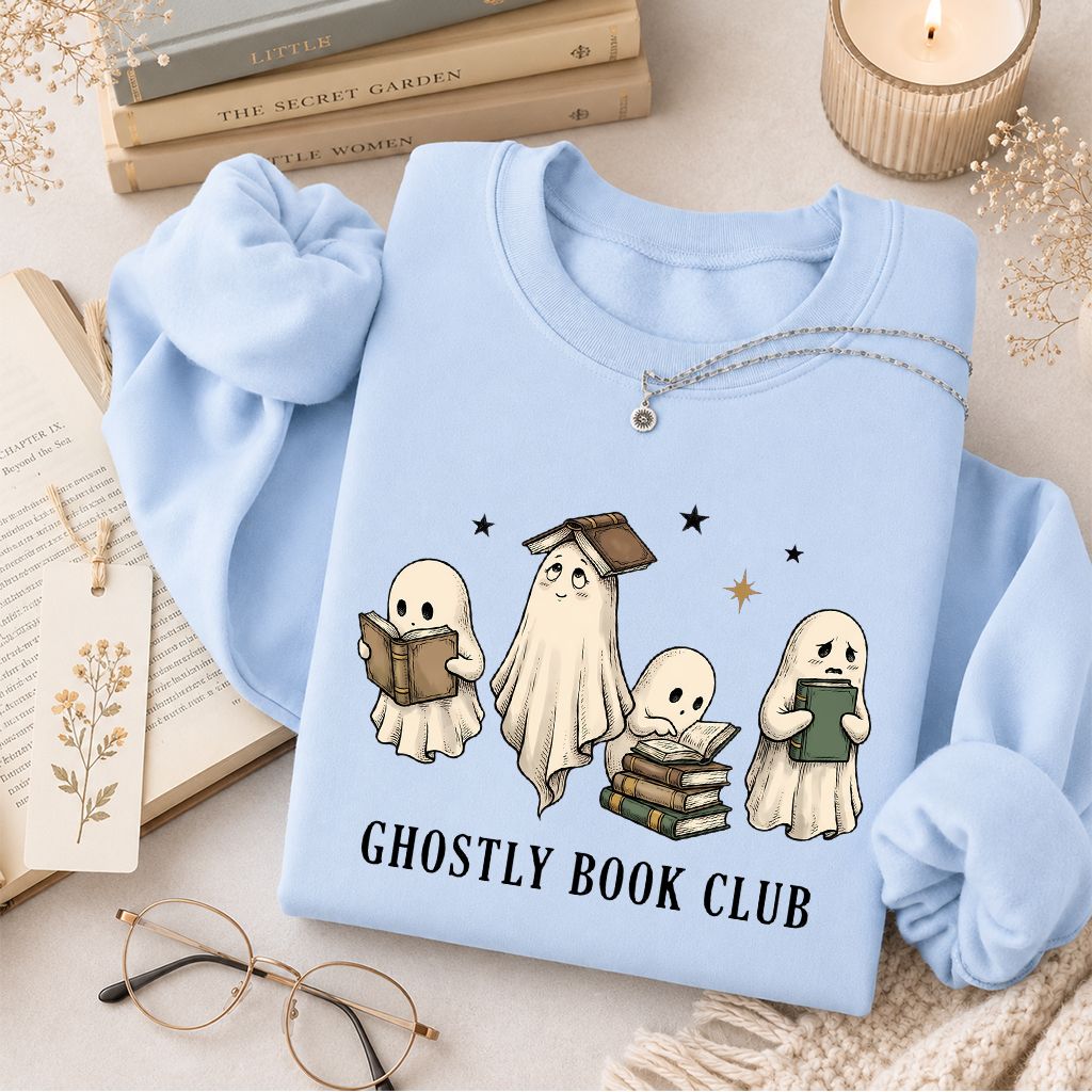 Ghostly Book Club Printed Sweatshirt | Spooky Book Lover Gift Light Blue