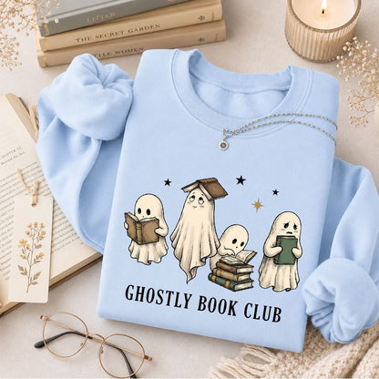 Ghostly Book Club Printed Sweatshirt | Spooky Book Lover Gift Light Blue
