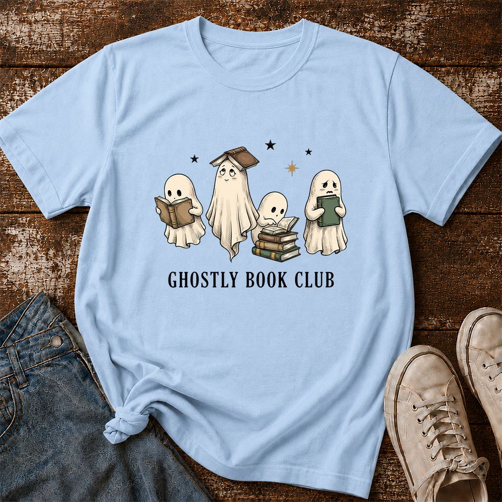 Ghostly Book Club Printed T-Shirt | Spooky Book Lover Gift Light Blue