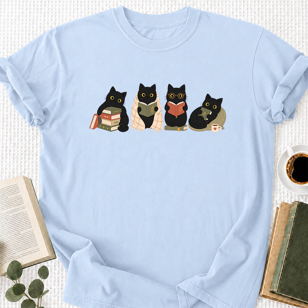Black Cats Reading Softstyle T-Shirt | Book Lover Gift Light Blue