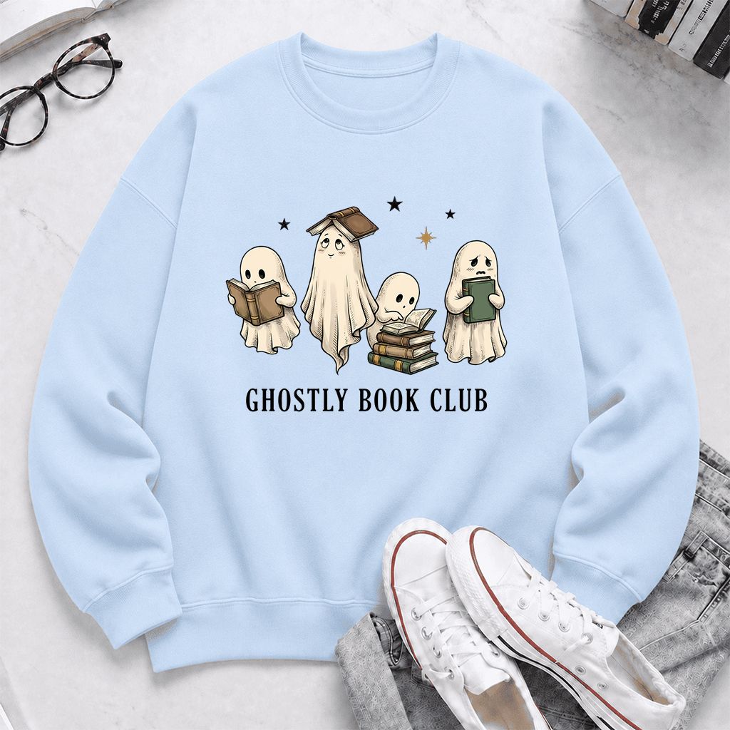 Ghostly Book Club Printed Sweatshirt | Spooky Book Lover Gift Light Blue