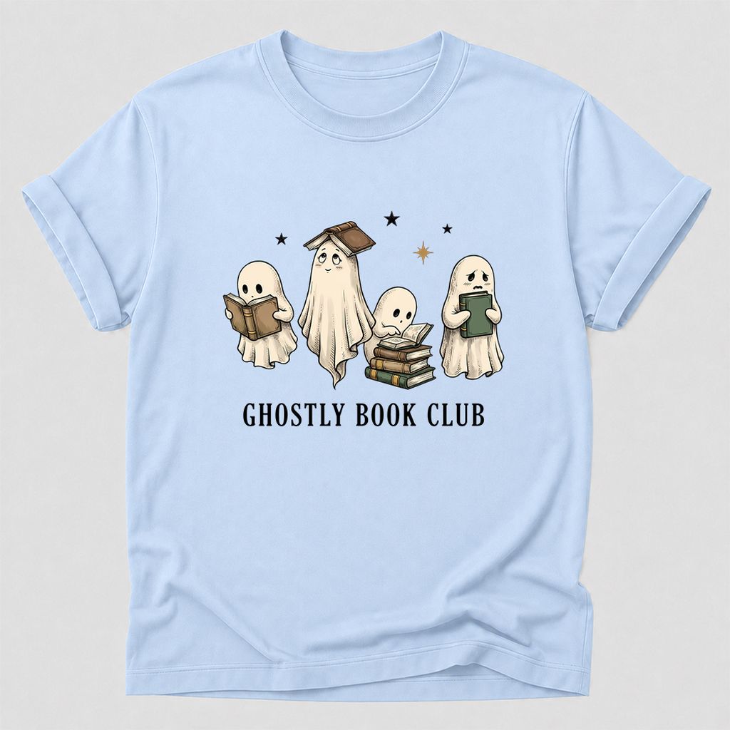 Ghostly Book Club Printed T-Shirt | Spooky Book Lover Gift Light Blue