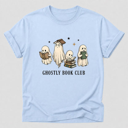 Ghostly Book Club Printed T-Shirt | Spooky Book Lover Gift Light Blue