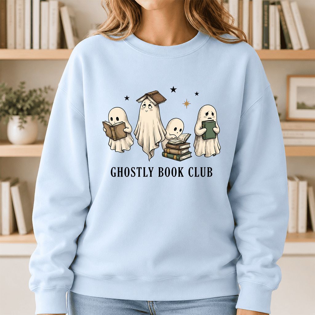 Ghostly Book Club Printed Sweatshirt | Spooky Book Lover Gift Light Blue