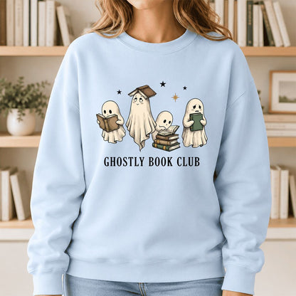 Ghostly Book Club Printed Sweatshirt | Spooky Book Lover Gift Light Blue