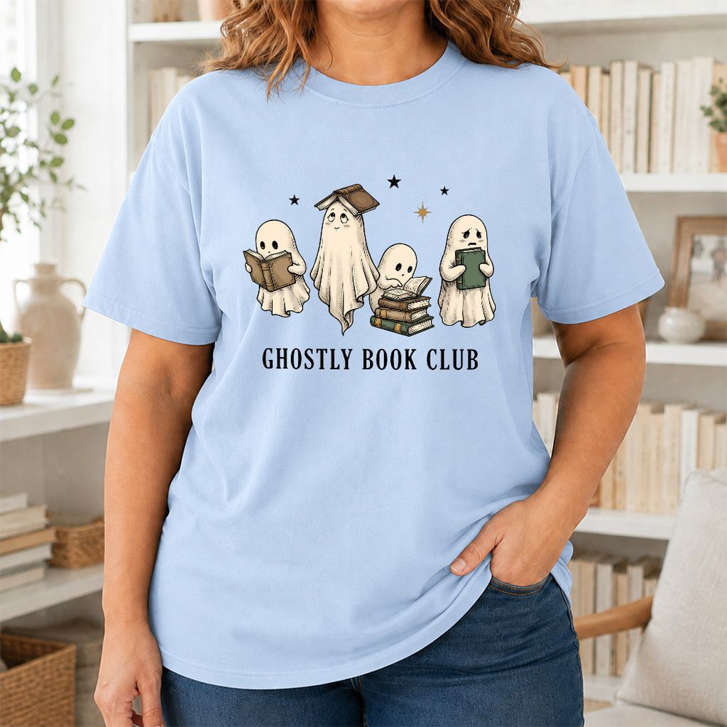 Ghostly Book Club Printed T-Shirt | Spooky Book Lover Gift Light Blue