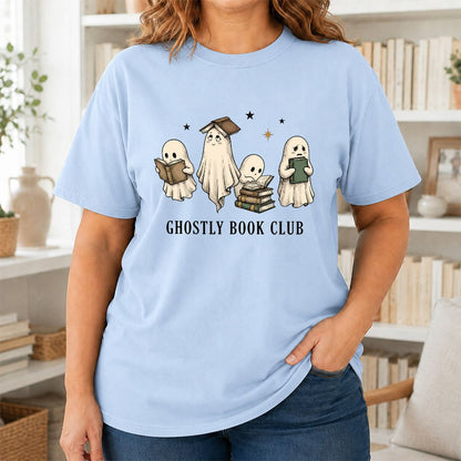 Ghostly Book Club Printed T-Shirt | Spooky Book Lover Gift Light Blue