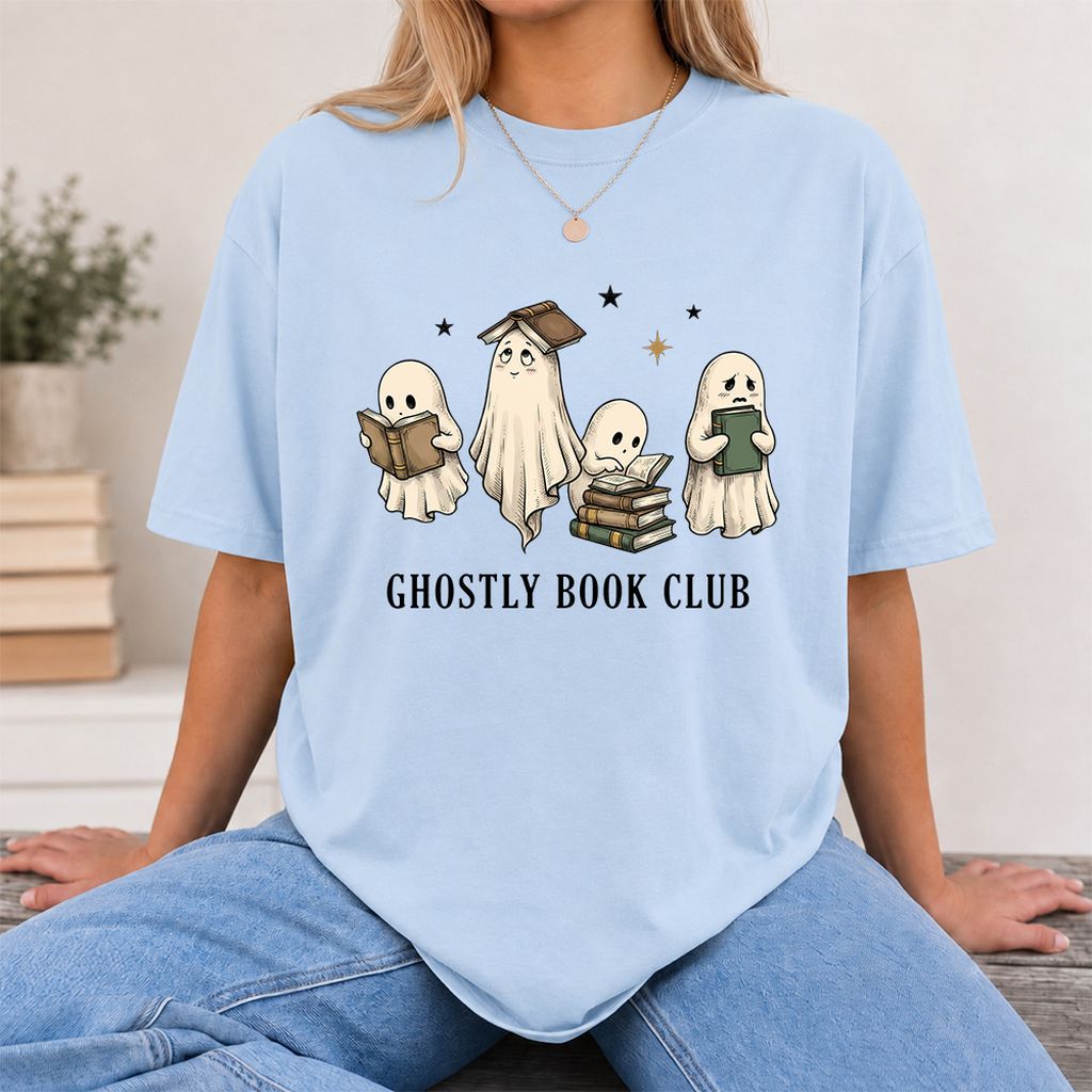 Ghostly Book Club Printed T-Shirt | Spooky Book Lover Gift Light Blue