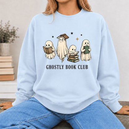 Ghostly Book Club Printed Sweatshirt | Spooky Book Lover Gift Light Blue
