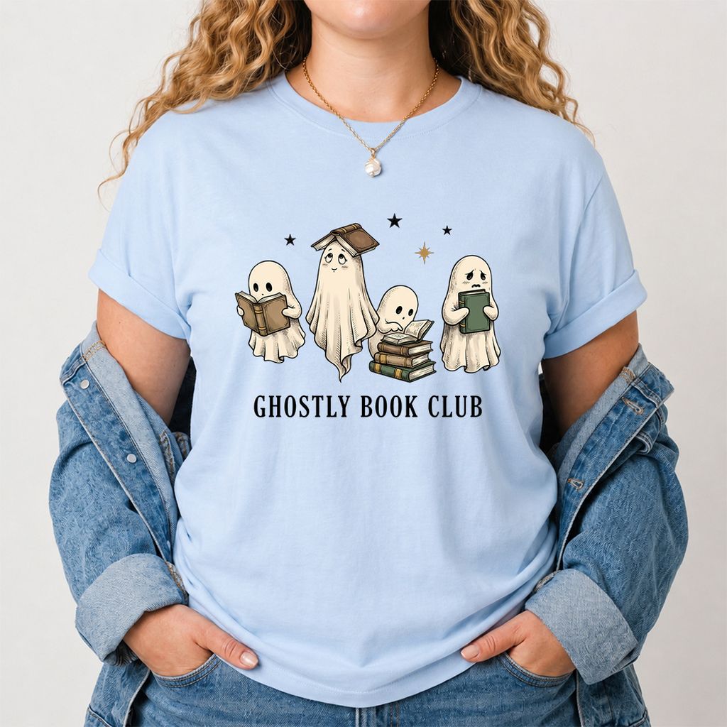 Ghostly Book Club Printed T-Shirt | Spooky Book Lover Gift Light Blue