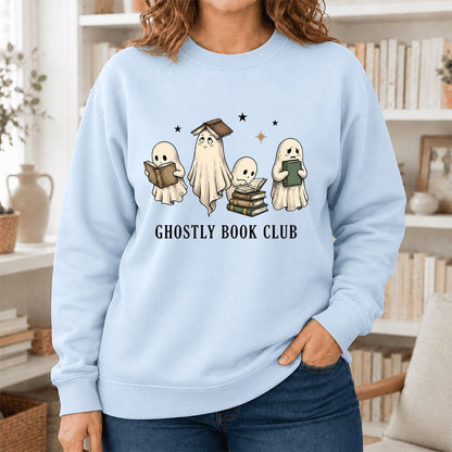 Ghostly Book Club Printed Sweatshirt | Spooky Book Lover Gift Light Blue