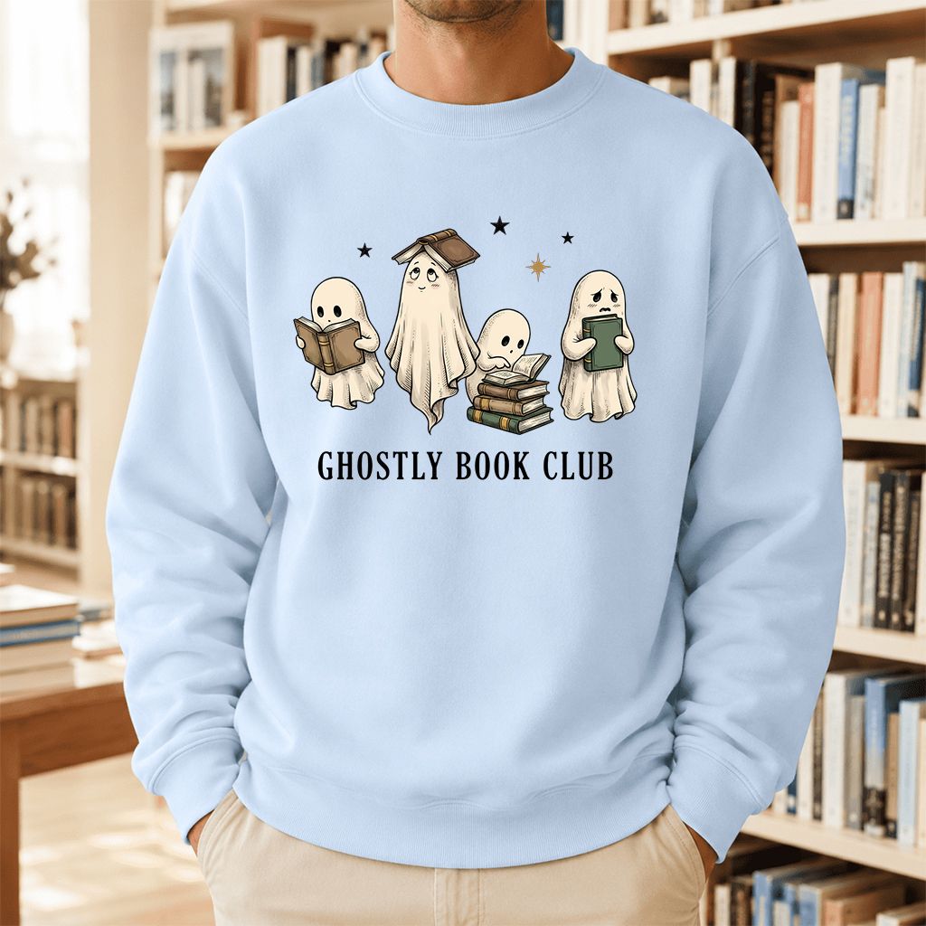Ghostly Book Club Printed Sweatshirt | Spooky Book Lover Gift Light Blue