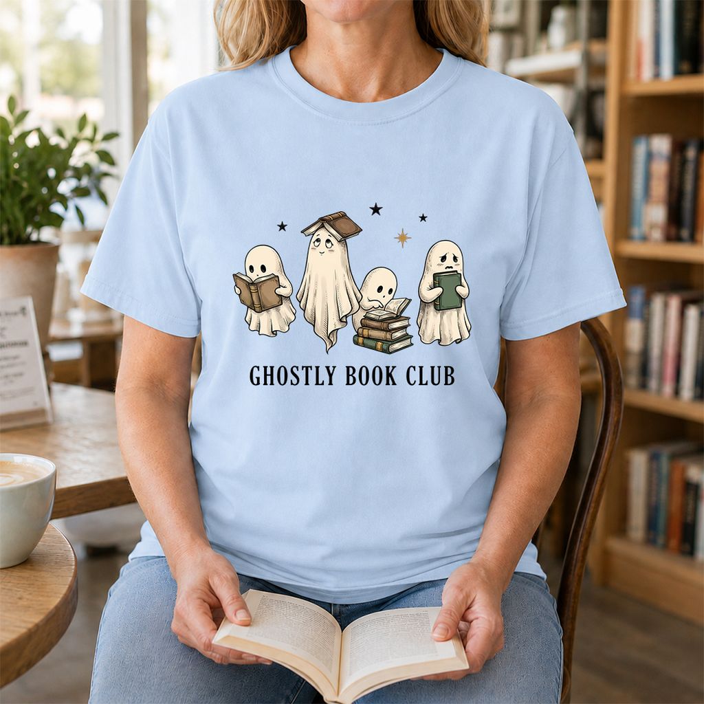 Ghostly Book Club Printed T-Shirt | Spooky Book Lover Gift Light Blue