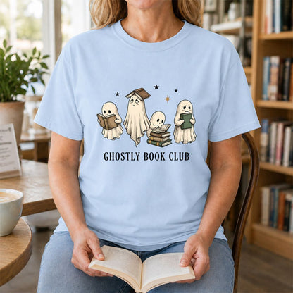 Ghostly Book Club Printed T-Shirt | Spooky Book Lover Gift Light Blue