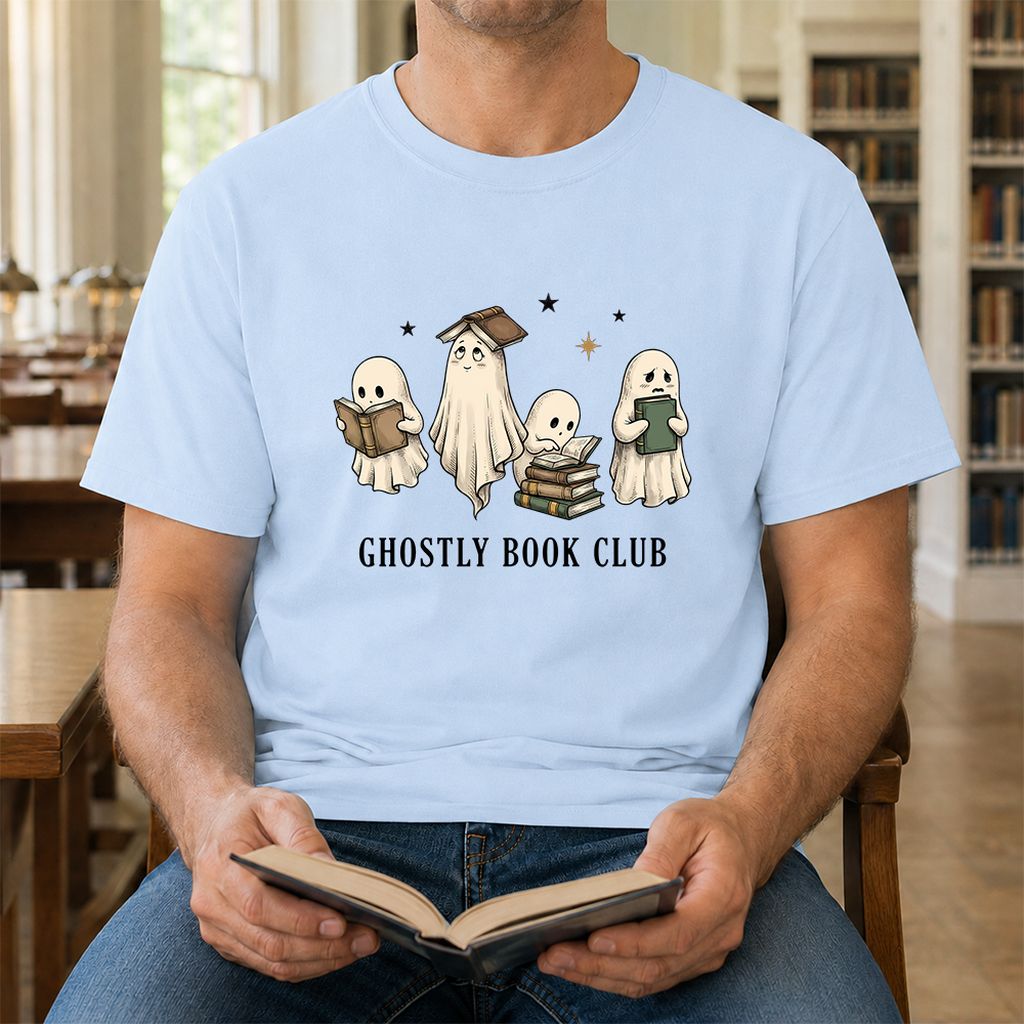 Ghostly Book Club Printed T-Shirt | Spooky Book Lover Gift Light Blue