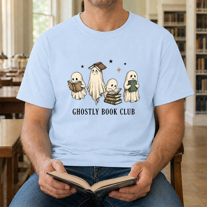 Ghostly Book Club Printed T-Shirt | Spooky Book Lover Gift Light Blue