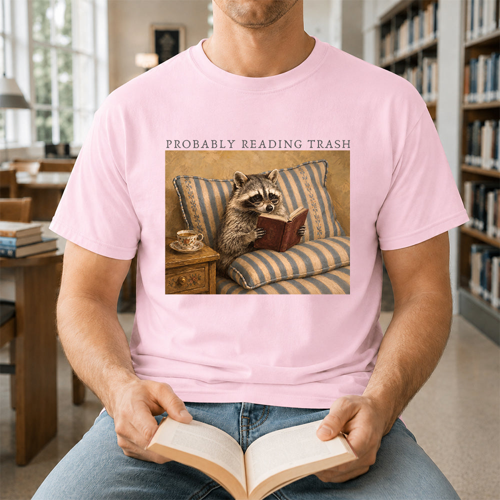Probably Reading Trash Racoon Softstyle T-Shirt | Book Lover Gift Light Pink