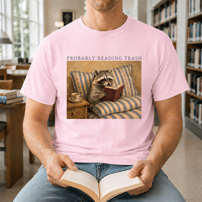 Probably Reading Trash Racoon Softstyle T-Shirt | Book Lover Gift Light Pink