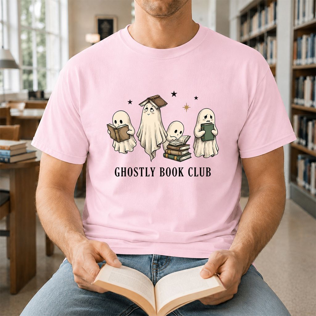 Ghostly Book Club Printed T-Shirt | Spooky Book Lover Gift Light Pink