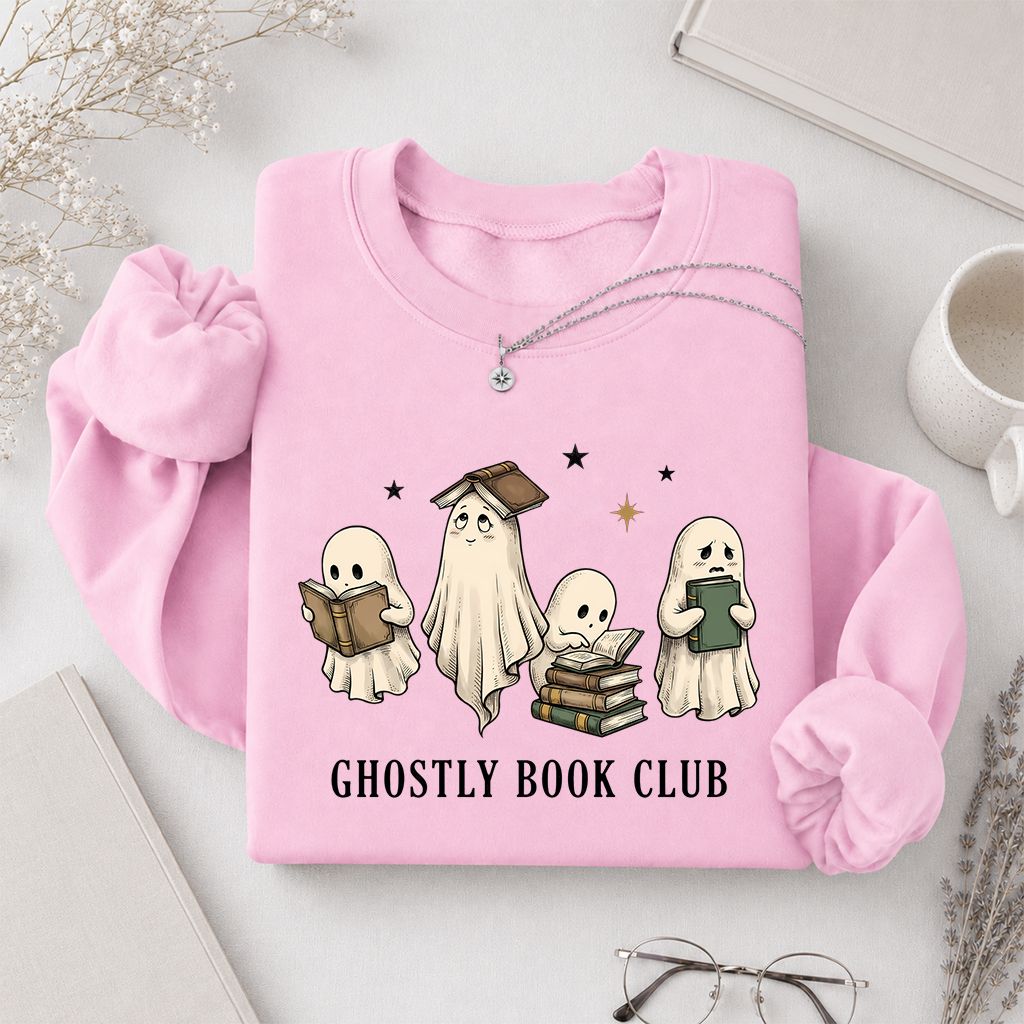 Ghostly Book Club Printed Sweatshirt | Spooky Book Lover Gift Light Pink