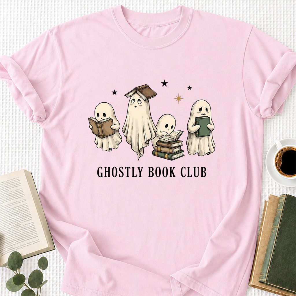 Ghostly Book Club Printed T-Shirt | Spooky Book Lover Gift Light Pink