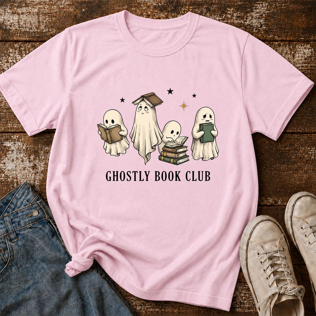 Ghostly Book Club Printed T-Shirt | Spooky Book Lover Gift Light Pink