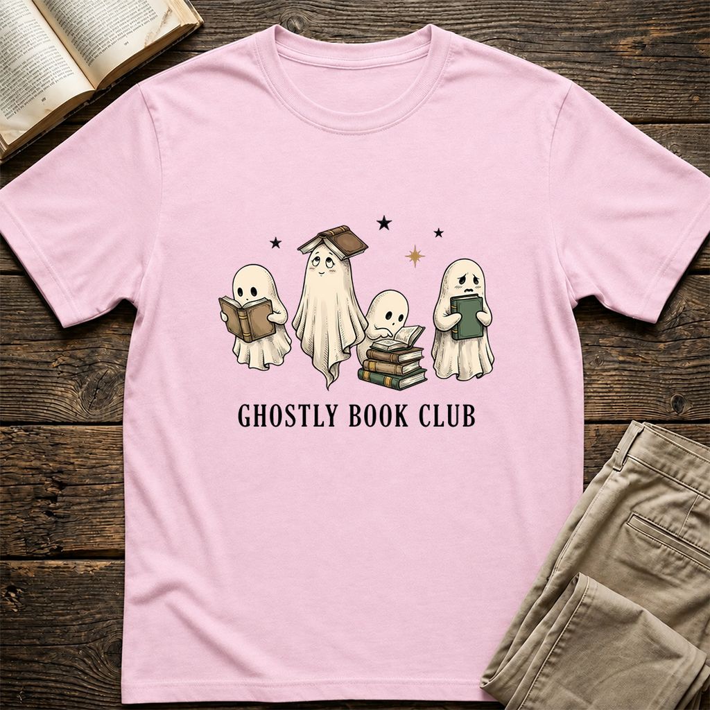 Ghostly Book Club Printed T-Shirt | Spooky Book Lover Gift Light Pink
