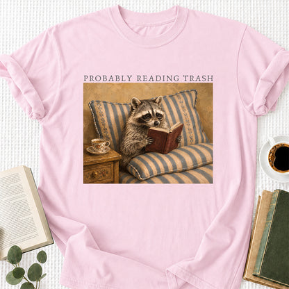 Probably Reading Trash Racoon Softstyle T-Shirt | Book Lover Gift Light Pink